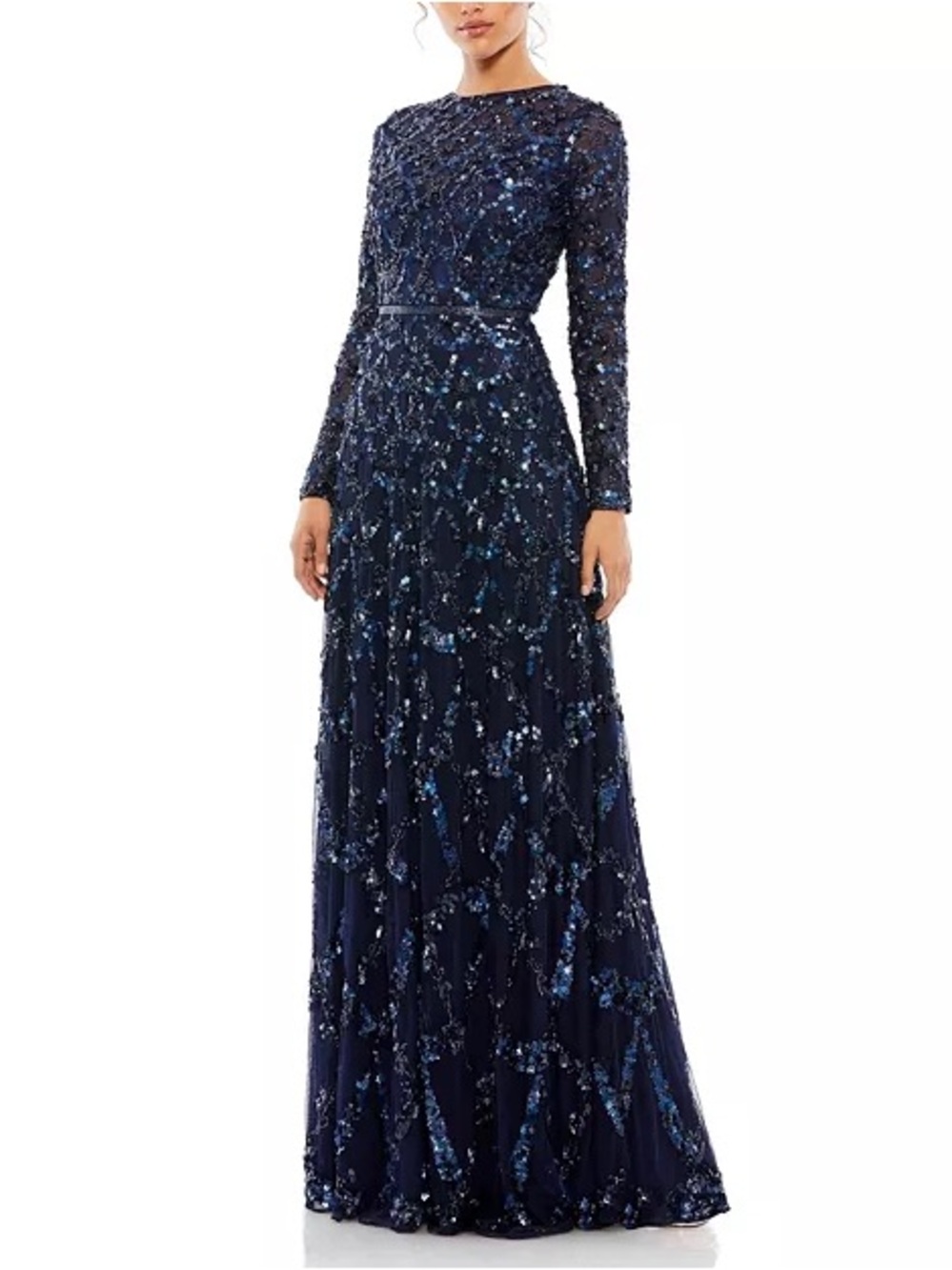 Mac Duggal Navy Long Sleeve Sequin Embellished Evening Gown Size 10
